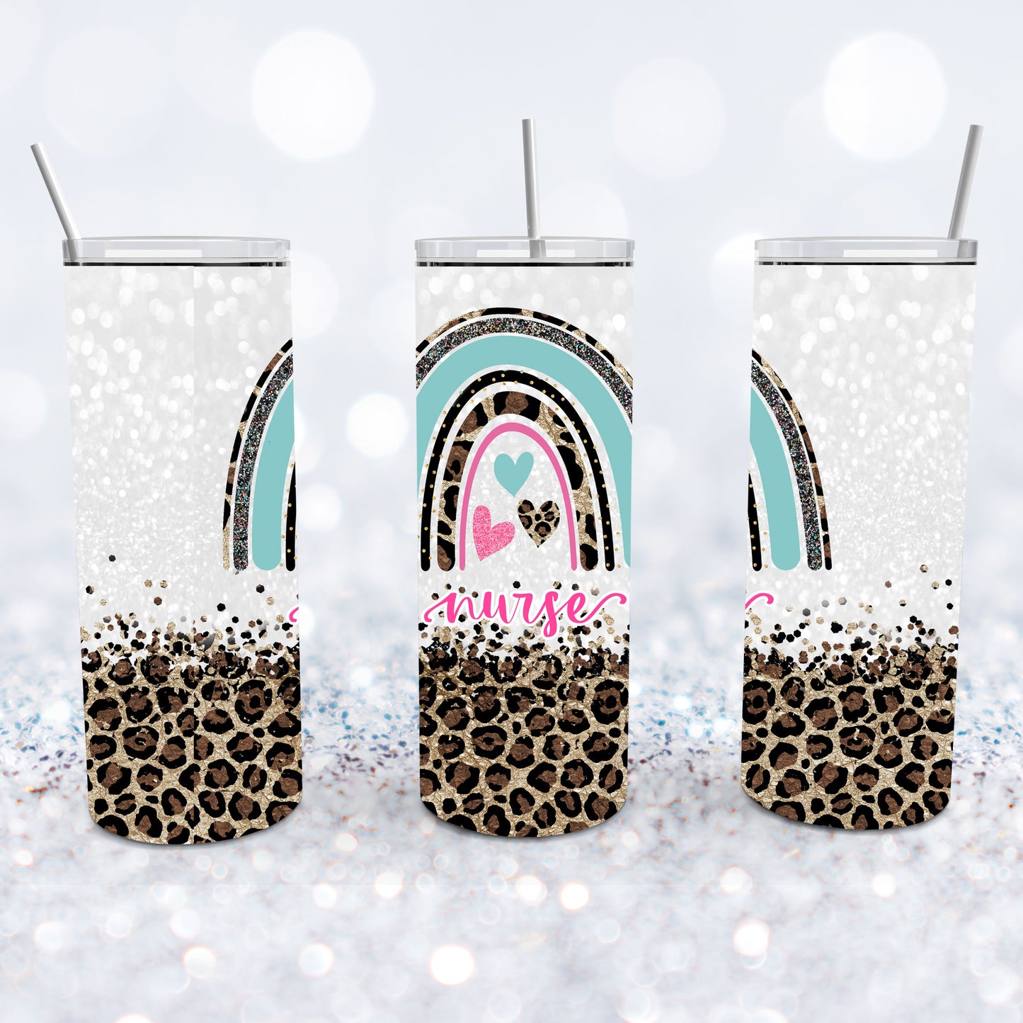 Nurse Leopard Glitter Rainbow Tumbler