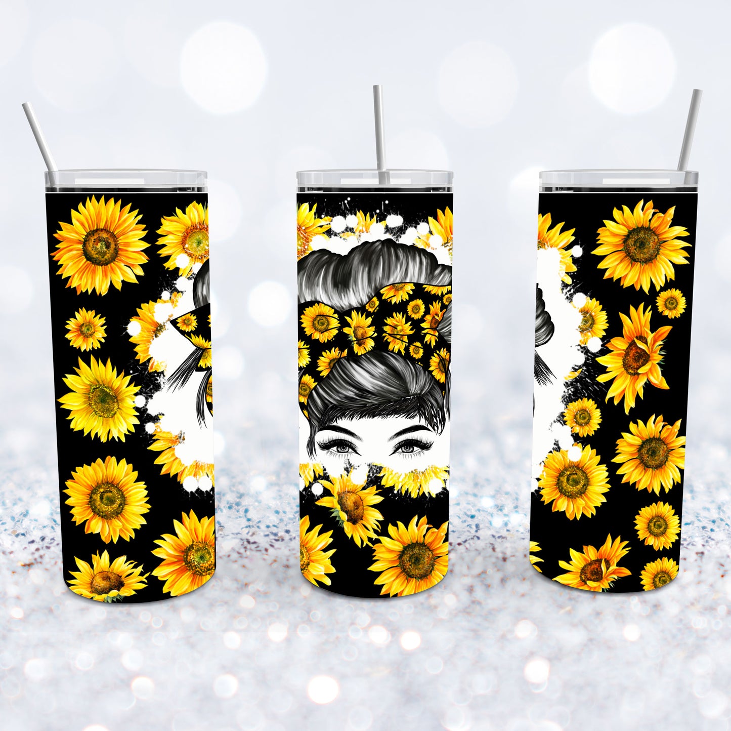 Black Sunflowers Messy Bun Tumbler