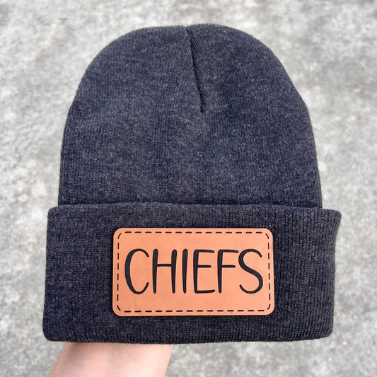 Leatherette Patch Knit Beanies - Adult Size