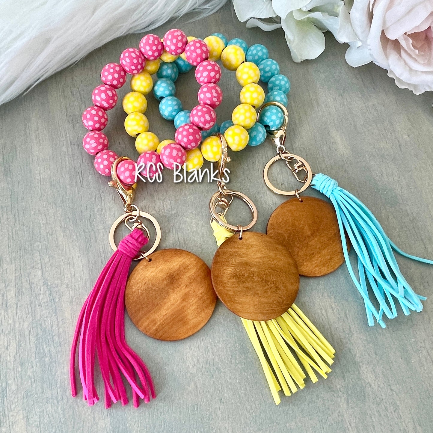 Polkadot Beaded Bracelet w/ Round Wood Disc