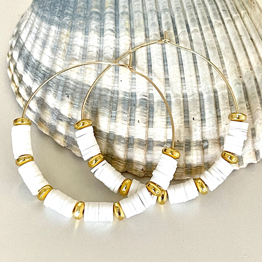 White Beaded Hoop Earrings