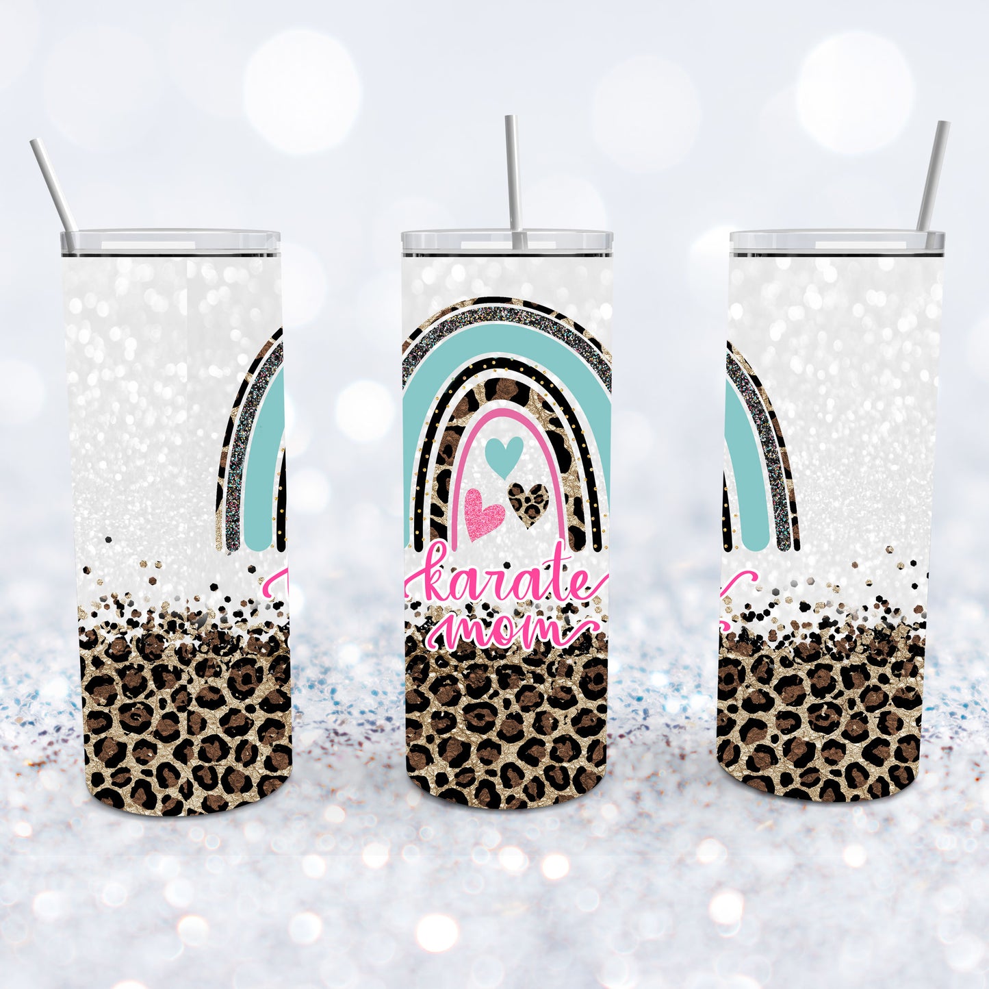 Karate Mom Leopard Glitter Rainbow Tumbler