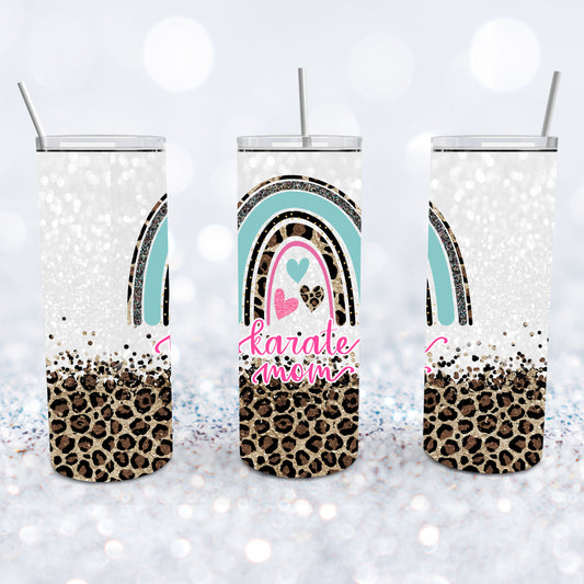 Karate Mom Leopard Glitter Rainbow Tumbler
