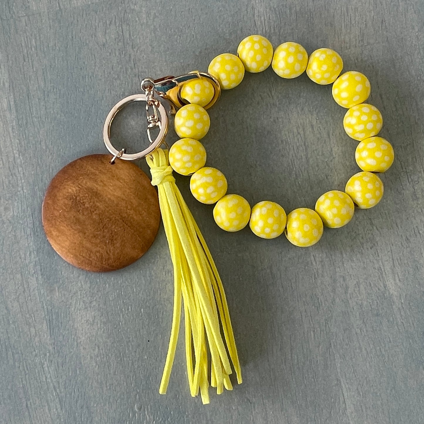 Polkadot Beaded Bracelet w/ Round Wood Disc