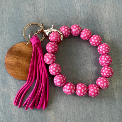 Polkadot Beaded Bracelet w/ Round Wood Disc